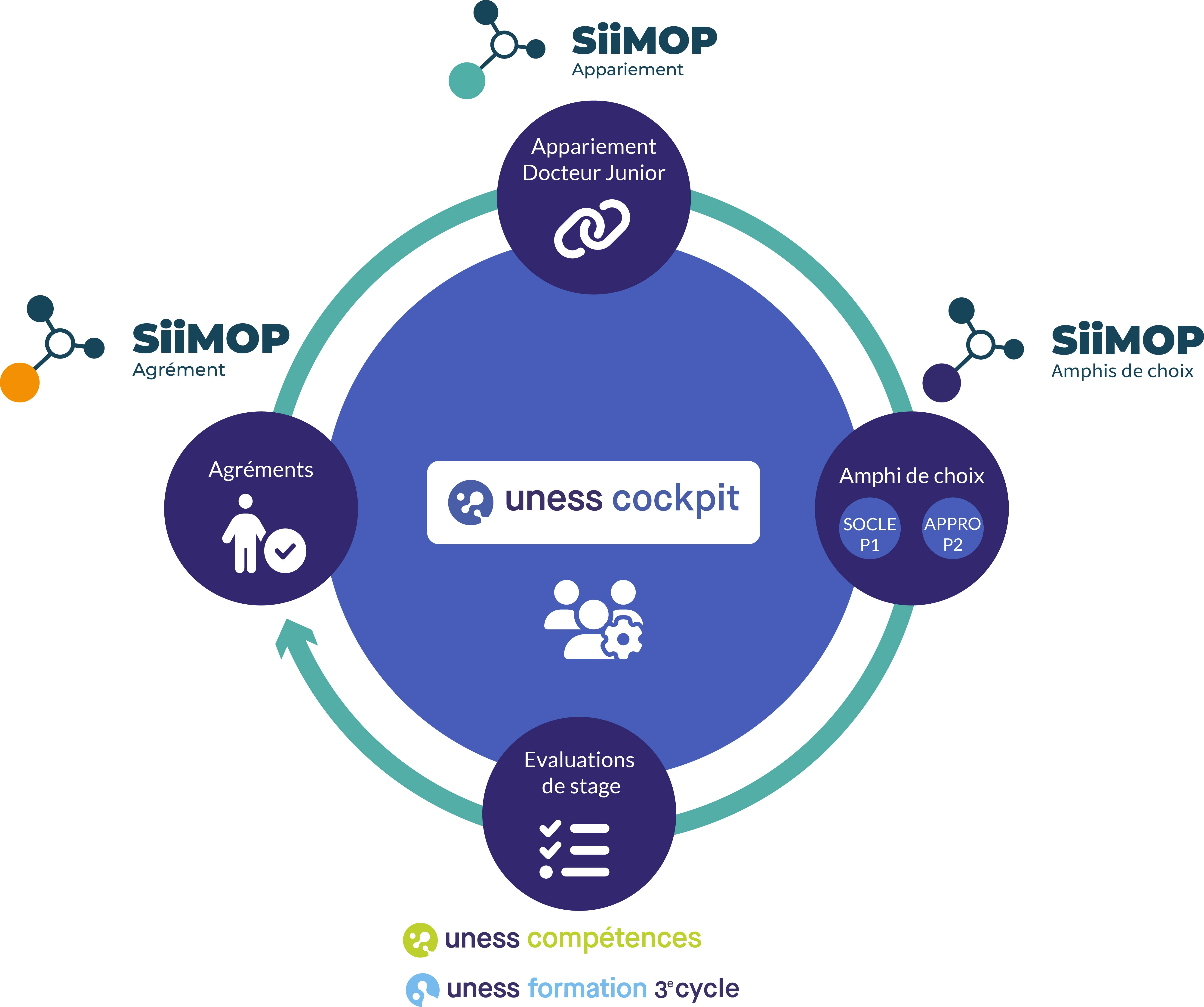 Demande et gestion des agréments, appariement des docteurs juniors, amphi de choix pour les phases P1/2, évaluation de stage