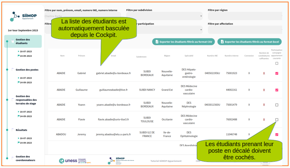 Lise des étudiants depuis l'onglet "Gestion des étudiants", dans l'application SiiMOP Appariement, avec la coche "décalés".