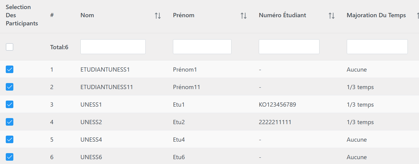 tableua des étudiants inscrits