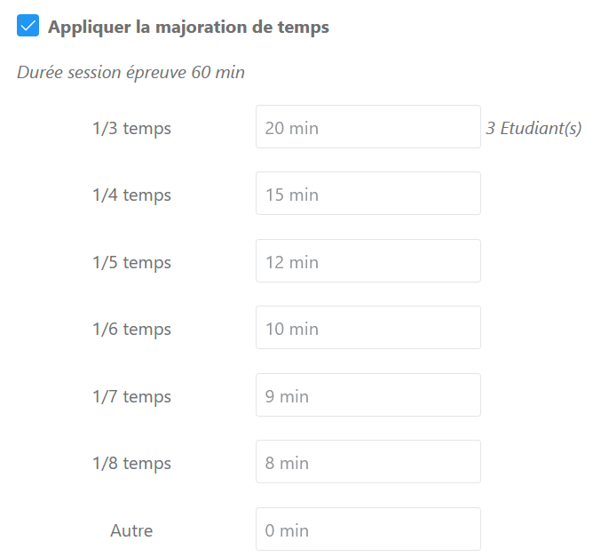appliquer la majoration de temps, visualisation du nombre d'etudiants bénéficiant d'un aménagement de temps
